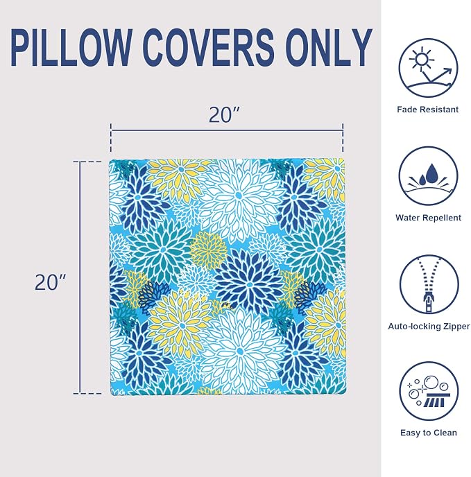 Outdoor Pack of 2 Patio Throw Pillow Covers ONLY 20x20 Inch, Water Repellent Cushion Cases, Square Pillowcases for Couch Decoration, Dahlia Blue