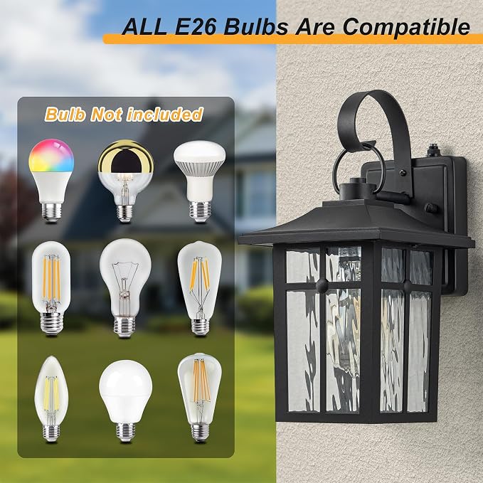 2 Pack Dusk to Dawn Outdoor Wall Lights, Black | Aluminum Exterior Light Fixtures Wall Mount, Ripple Glass, Waterproof Porch Lights, For Entryway, Garage, Patio