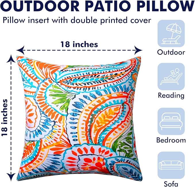 2 Pack Waterproof Outdoor Pillows, 18x18 Outdoor Throw Pillows | Patio Furniture Pillows, Fluffy Decorative Pillows, Waterproof &Fade Resistant, Removable & Washable, Paisley Multi Orange
