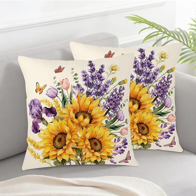 Sunflower Pillow Covers Floral Purple Lavender Butterfly Throw Pillow Covers Spring Summer Tulip Iris Flower Pillow Cases 22x22 for Home Farmhouse Couch Sofa Bed Decor 2 Pack