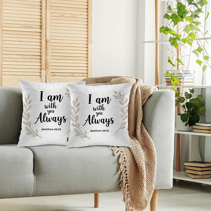 Swono Bible Quote Pillow Covers, Lettering I Am with You Always Decorative Pillow Case Home Sofa Cushion Set Bible Proverb Pillow Cushion Cases for Bed/Patio/Garden/Balcony, 2-Pack 18x18 Inch