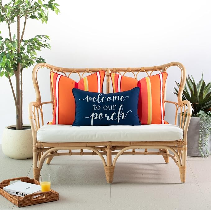 Hofdeco Premium Porch Patio Indoor Outdoor Lumbar Pillow Cover ONLY for Backyard, Couch, Sofa, Navy Blue Welcome to Our Porch, 12"x20"