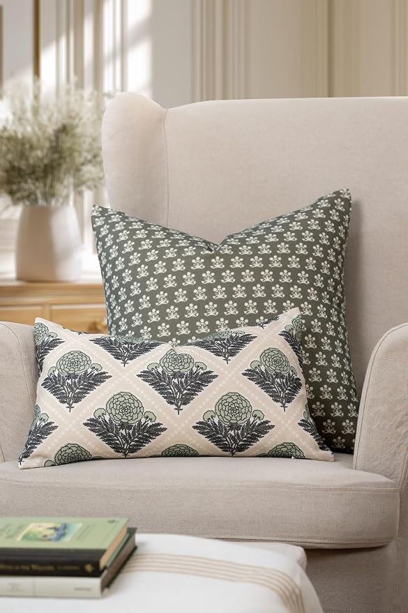 Modern Farmhouse California Casual Indoor Outdoor Lumbar Pillow Cover, 12"x20" Water Repellent for Patio, Backyard, Couch, Earth Tone Light Green Tan Block Print Vintage Hydrangea Flowers