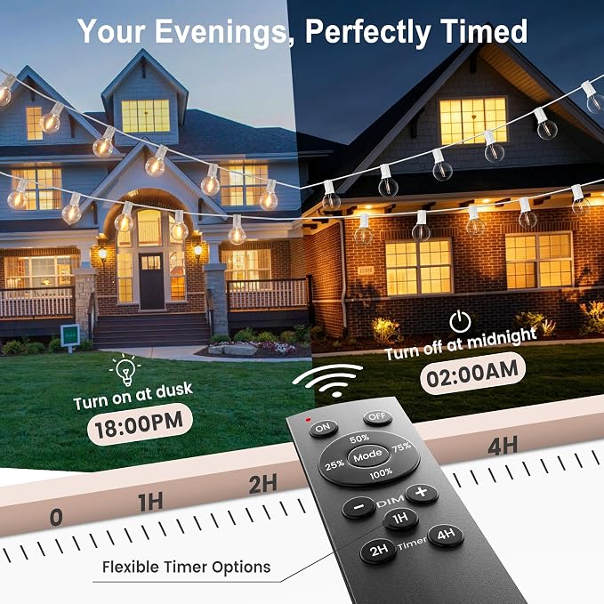 Outdoor-String-Lights with Remote 102FT Waterproof lights for Outside Patio | 1FT Bulbs Apart, White Cord String Lights, Connectable Dimmable Patio Lights with Remote,Timer, 3 Modes for Backyard,Bistro