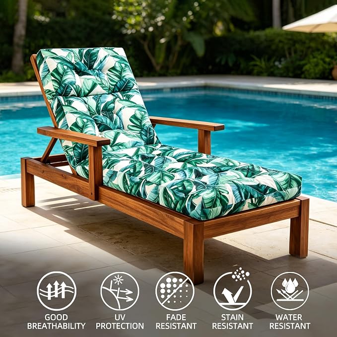 Patio Chaise Lounge Cushions, 70.5"x21"x4" Waterproof Replacement Beach Pool Lawn Outdoor Lounge Chair Cushion, Non-Slip Bottom & Secure Ties for Outdoor Furniture，Agave, 1Count