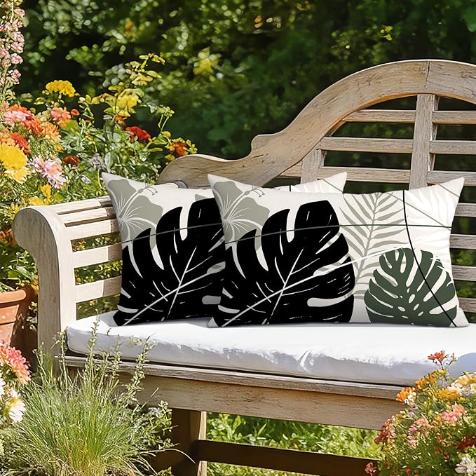 OTOSTAR Outdoor Waterproof Throw Pillow Covers 12x20 Inch Set of 2 Double-Sided Black Grey Tropical Leaf and Flower Spring Summer Decorative Pillow Cases for Patio Funiture Garden Balcony Couch