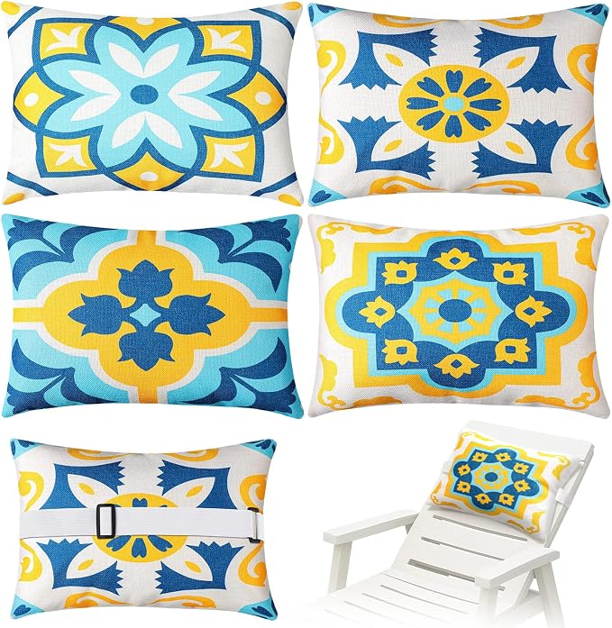 Juexica 4 Pack Chaise Lounge Headrest Pillow, Decorative Outdoor Patio Neck Headrest Pillow with Adjustable Elastic Strap & Insert, Waterproof for Pool Recliner Hammock Beach Chair(White, Floral)