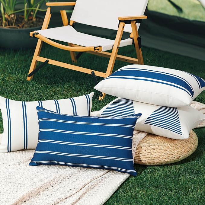 OTOSTAR Outdoor Decorative Pillow Covers Waterproof Garden Throw Pillow Covers 12x20 Inch Cushion Case Geometry Pillowcases Pillows Shell for Patio Furniture Couch Tent Balcony Pack of 4 (Navy Blue)