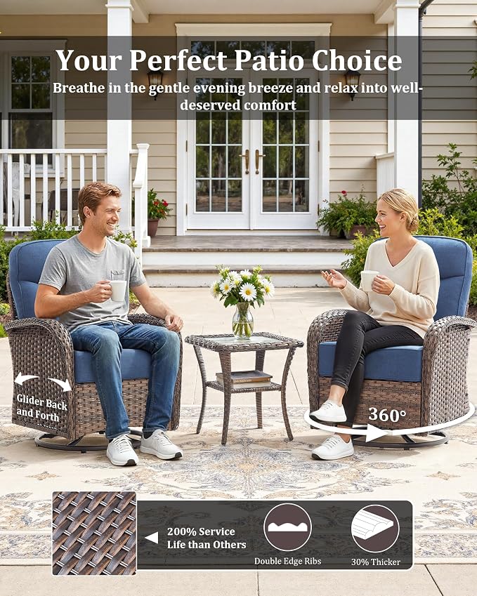 10-Piece Luxury Patio Furniture Set with 6-Inch Thick Cushions, High-Back Outdoor 4 Swivel Rocking Chairs with Wicker Side Table, All-Weather Conversation Set for Porch, Deck, Yard or Poolside – Blue