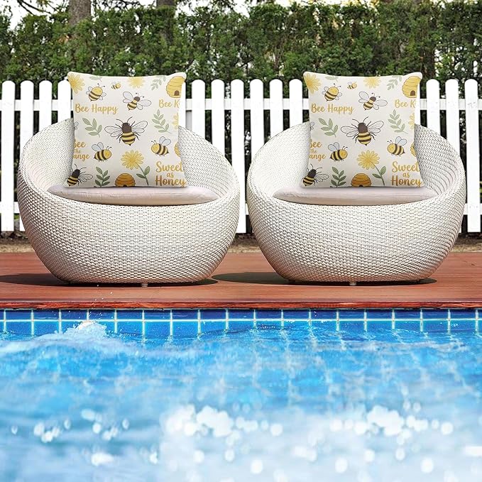 Throw Pillow Covers, Bee Sunflower, Set of 2, 18 x 18 Inch | Motivational Yellow Outdoor Waterproof Square Cushion Case Pillowcase Farmhouse Garden Decorative Pillows for Couch