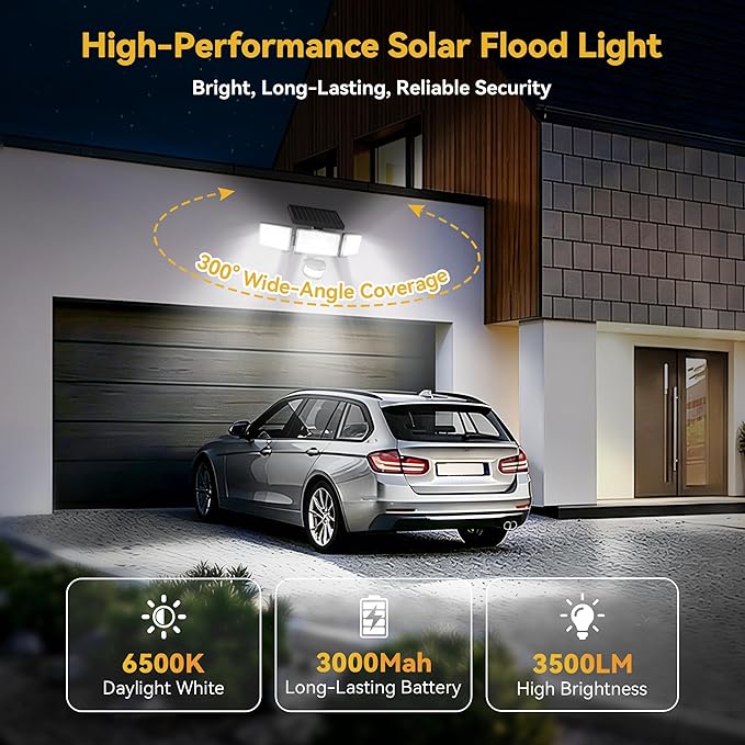 Solar Lights Outdoor, 3500LM 168 LED Motion Sensor Solar Flood Lights, 3 Heads 300° Wide Angle, 3 Modes IP65 Waterproof Solar Security Lights for Yard Garden Patio, 6 Pack (Black)