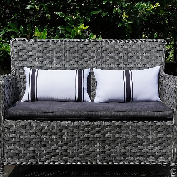 ONWAY Outdoor Pillow Covers 12X20 Waterproof Set of 2 Lumbar Throw Cushion Cover White and Black Striped Outdoor Pillows for Patio Furniture