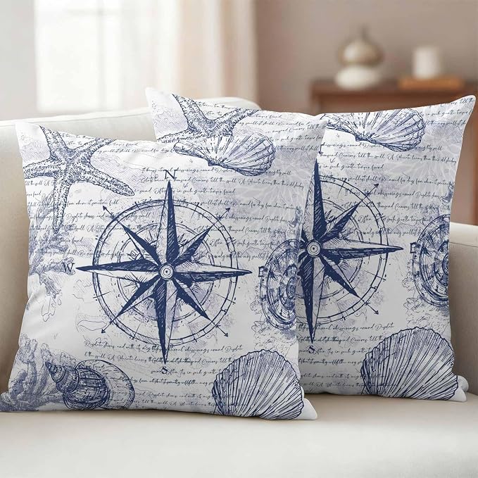Vintage Nautical Outdoor Waterproof Throw Pillow Covers Set of 2, 26"x26", Summer Navy Blue Compass Shell Starfish Map Decorative Pillow Covers Outside Cushion Case for Patio Porch Garden