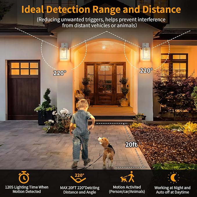 2 Pack White Motion Sensor Outdoor Light Fixtures Wall Mount, Dusk to Dawn Front Porch Lights for House, Exterior Wall Sconce, Waterproof Lantern Lamp,Outside Coach Light for Garage Entryway Yard