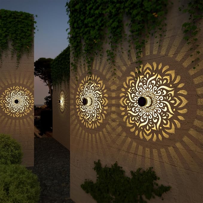 gardencave 2 Pack Solar Fence Lights Metal Solar Powered Outdoor Deck Step Wall Lights Mandala Theme Waterproof Fence Light for Garden Post Patio Backyard Yard Decor (2 Pack)