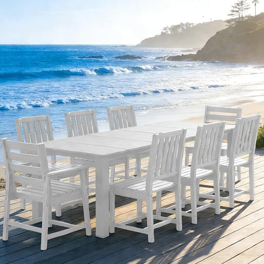Ayge 9-Piece Outdoor Dining Set – HDPE Patio Furniture for 8 with 2" Hole Cut-Out Table & 8 Chairs, Perfect for Pool, Patio, Garden, White