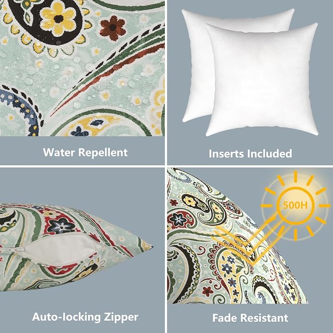 LVTXIII 2 Pack Outdoor Pillows 18x18 Inch, Square Throw Pillows with Inserts, Decorative Water-Repellent Pillow Cushions for Patio Furniture and Garden Sofa, Paisley Light Cyan