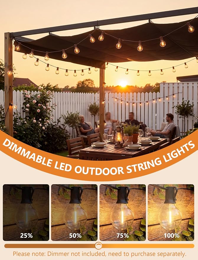 50Ft LED Globe String Lights Shatterproof Waterproof G40 Outdoor Patio String Light with 52 Dimmable LED Bulbs, Hanging Patio Lights for Indoor Bistro Pergola Tents Wedding Party Christmas Decor-Brown