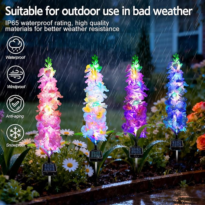 MRHEPHAESTUS Solar Garden Lights, Solar Delphinium Flowers Lights 4 Pack 80 LEDs, Waterproof Outdoor Light Two Lighting Modes for Outside Wedding Party Garden Yard Patio Lawn Decor