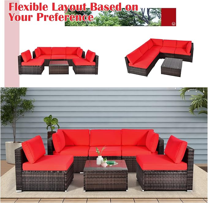 HAPPYGRILL 6 Pieces Outdoor Patio Furniture Set, PE Rattan Conversation Set with Tempered Glass Coffee Table and Cozy Cushions, Weather Resistant Sectional Sofa Set, Red