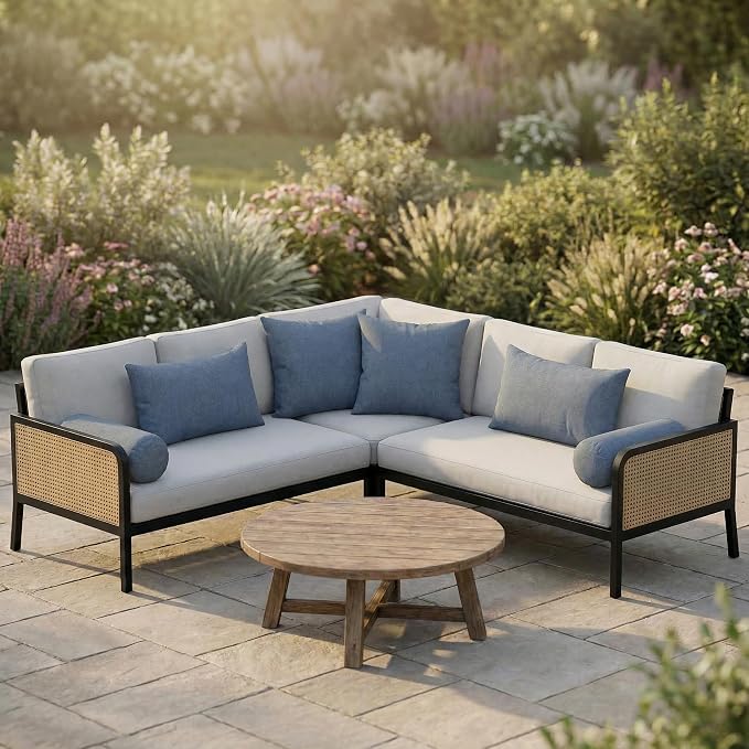 RSH DECOR: 6-Pack Pillow Set | Sunbrella Performance Fabric |Water & Fade-Resistant| 17" Square, 20"x12" Lumbar, 20"x6" Neck Roll | Outdoor Pillows for Patio | Made in USA (Sparkle Navy Denim)