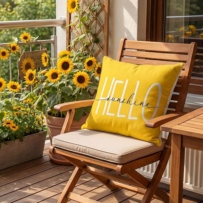 Sunflower Decor Yellow Outdoor Pillow Covers 18x18 for Patio Furniture | Summer Sunflower Decor, Waterproof, Mustard Yellow Floral, Set of 4, Farmhouse Pillow Covers, Porch, Outdoor Patio Furniture