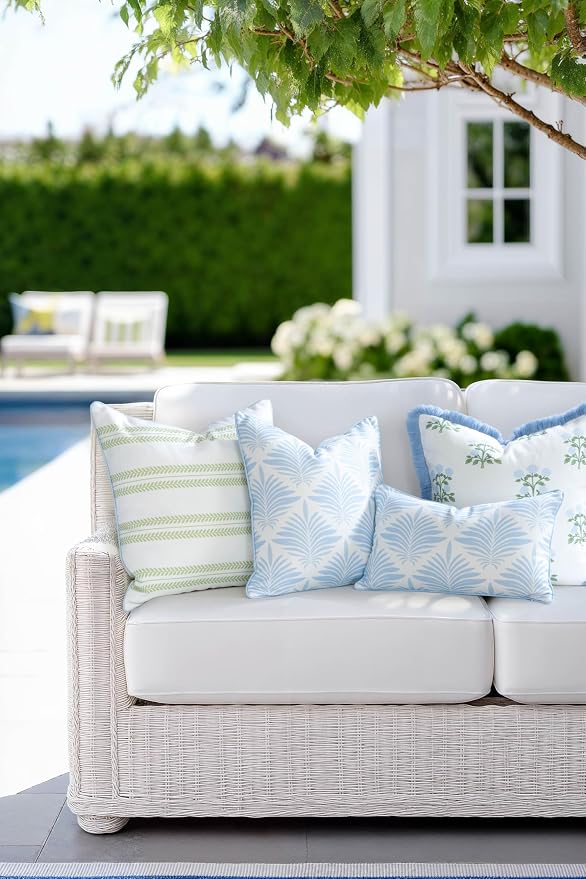 Hofdeco Premium Grandmillennial Coastal Hampton Patio Indoor Outdoor Lumbar Pillow Cover Only, 12"x20" Water Repellent for Backyard, Couch, Poolside, Baby Blue Print Abstract Plam Leaves