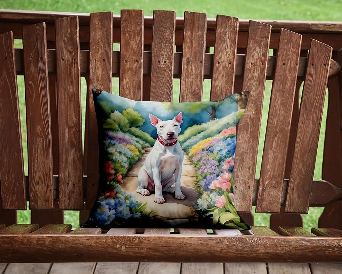Caroline's Treasures Bull Terrier Spring Path Throw Pillow Machine Washable, Indoor Outdoor Decorative Pillow for Couch, Bed or Patio, 14Hx14W