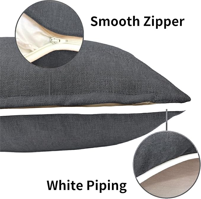 HER HWA Outdoor Pillow Covers White Piping 18"x18" Set of 2, Carbon Gray | durable fade-resistant water-resistant 100% polyester white piping smooth zipper machine washable for indoor outdoor décor