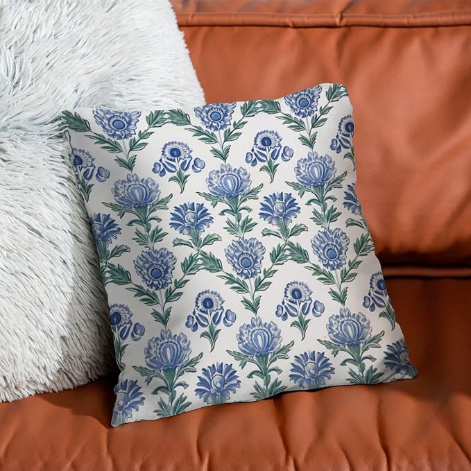 Throw Pillow Covers Mughal Flower Pillows Rustic Blue Lotus Floral Pillow Cover Accent Farmhouse Decor Pillow for Couch Sofa Patio 26x26 in