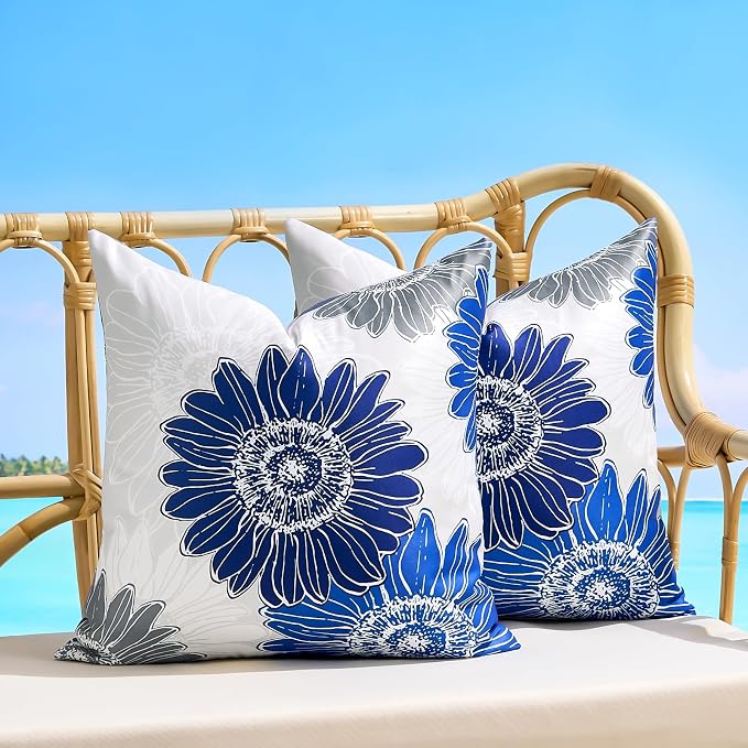 Outdoor Pillow Covers 18x18 Decorative Waterproof Floral Cushion Covers Summer Square Throw Pillow Covers Blue Grey Sunflower Throw Pillowcase Set of 2 for Living Room Sofa Patio Furniture Garden