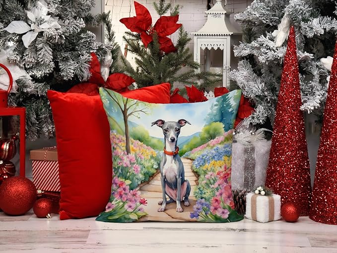 Caroline's Treasures Italian Greyhound Spring Path Throw Pillow Machine Washable, Indoor Outdoor Decorative Pillow for Couch, Bed or Patio, 14Hx14W