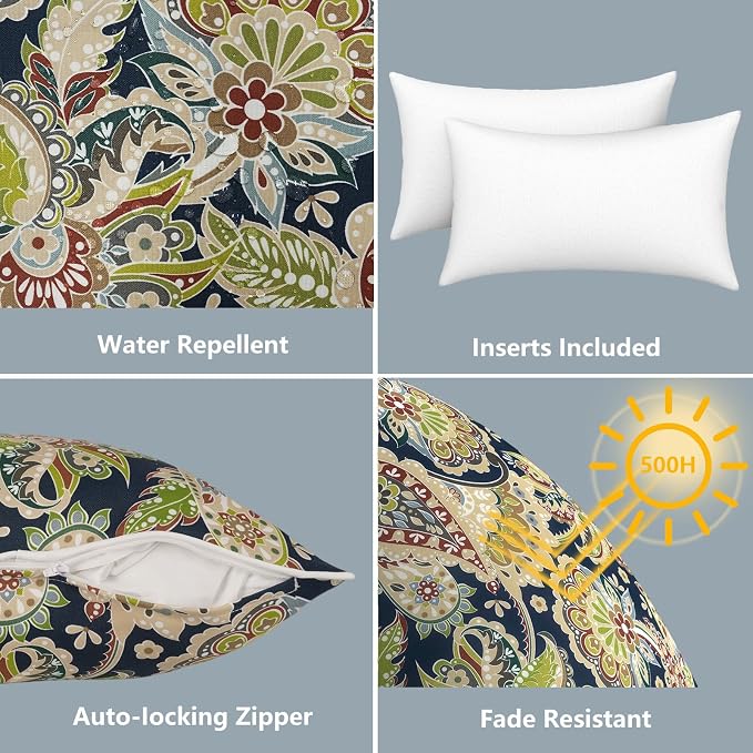 LVTXIII 2 Pack Outdoor Lumbar Pillows 12x20 Inch with White Piping, Fade Resistant Support Throw Pillows with Inserts for Patio Furniture, Sofa, Chair, Paisley Bloom