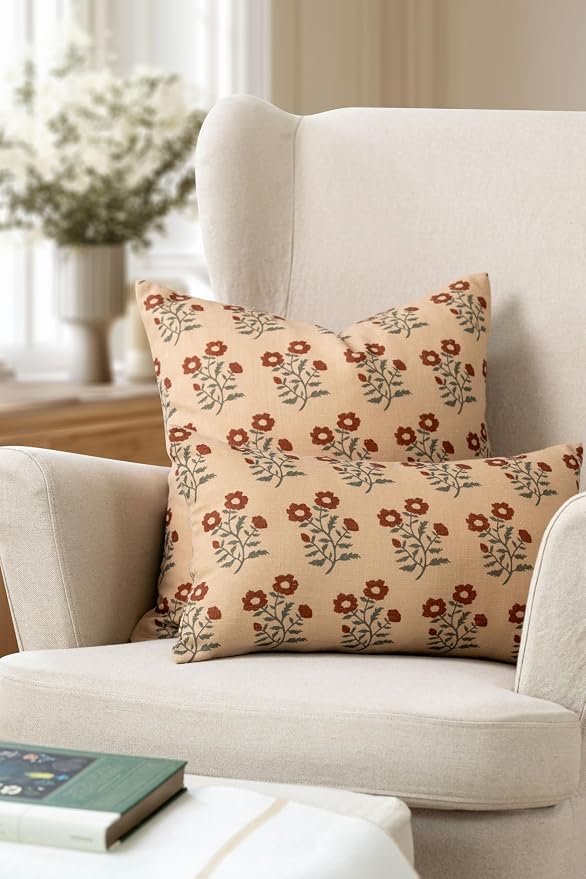 Modern Farmhouse California Casual Indoor Outdoor Lumbar Pillow Cover, 12"x20" Water Repellent for Patio, Backyard, Couch, Poolside, Rust Orange Green Print Block Painting Flowers