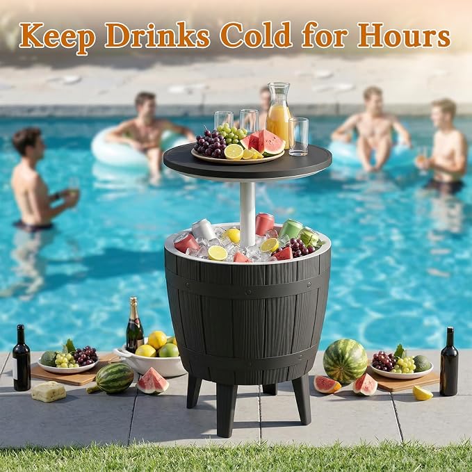 Outdoor Cool Bar Table 9.8 Gallon Portable Cooler Side Table with Legs,Cocktail Coffee Table Sturdy,Waterproof & UV Resistant,Indoor Outdoor Use,Cooler for Camping,Picnic,Beach,Parties(Black)