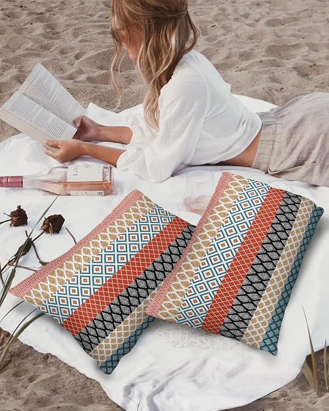 Outdoor Waterproof Throw Pillow Covers Boho Stripe Tribal Vingtage Lumbar Pillowcases Bohemian Style Pattern Decorative Pillows Cushion Case Patio Pillows for Couch Bed Garden 20 x 12 Inches