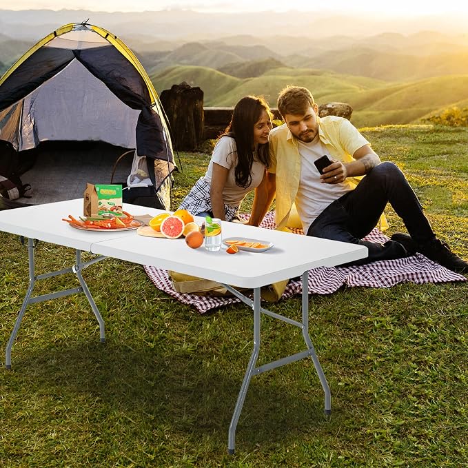 Giantex Folding Picnic Table, 6FT Portable Foldable Tables for Party BBQ, Metal Legs, HDPE, White Outdoor Indoor Camping Table with Handle, No Assembly