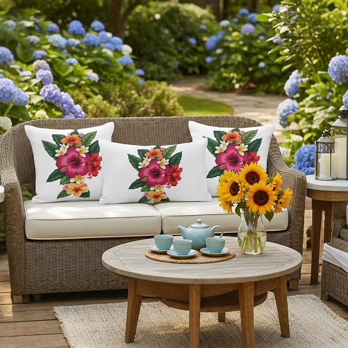 Pink Red Yellow Hibiscus Outdoor Pillow Covers 16x16 Inch Throw Pillow Covers Set of 2 Waterproof Decorative Pillow Cases Farmhouse Tropical Floral Cushion Covers for Patio Furniture Garden Couch Sofa