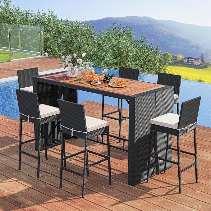 HAPPYGRILL 7-Piece Patio Bar Dining Set, PE Rattan Furniture Set w/Acacia Wood Tabletop & Soft Cushions, Outdoor Space-Saving Bar Table & 6 Armless Chairs w/Metal Frame for Balcony, Garden & Backyard