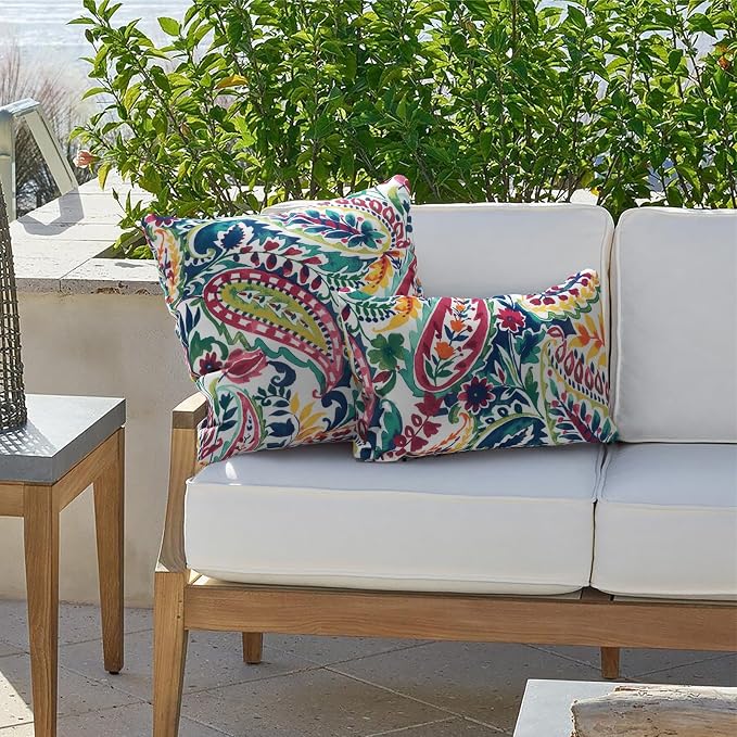 Outdoor Lumbar Pillows 12x20 inch, Rectangle Throw Pillows with Inserts, Decorative Lumbar Cushions for Patio Furniture Garden Couch Home Sofa Office Chair, Pack of 2, Vigour Paisley
