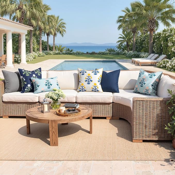 MIULEE Floral Outdoor Pillows Covers with Inserts 18x18 Blue and Yellow | Set of 2 Waterproof Decorative Throw Pillows with Piping,Vintage Fade Resistant, Patio Furniture Summer Garden Couch Sofa