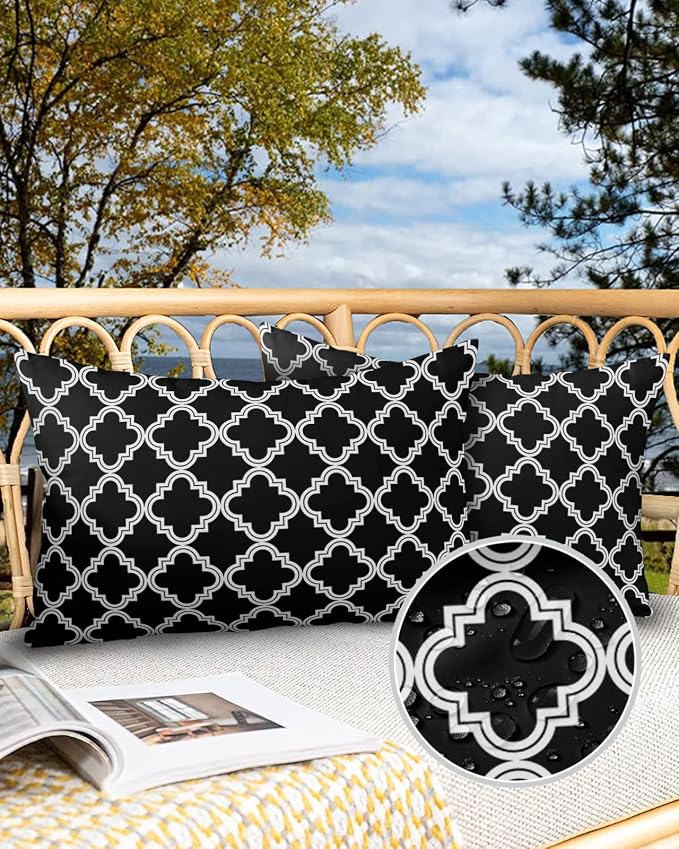 Outdoor Waterproof Pillow Covers for Patio Furniture Moroccan Pattern Decorative Throw Pillow Cover Geometric Trellis Black Pillowcases Set of 2 Cushion Case for Sofa Couch Chair Home Decor 20x12 inch