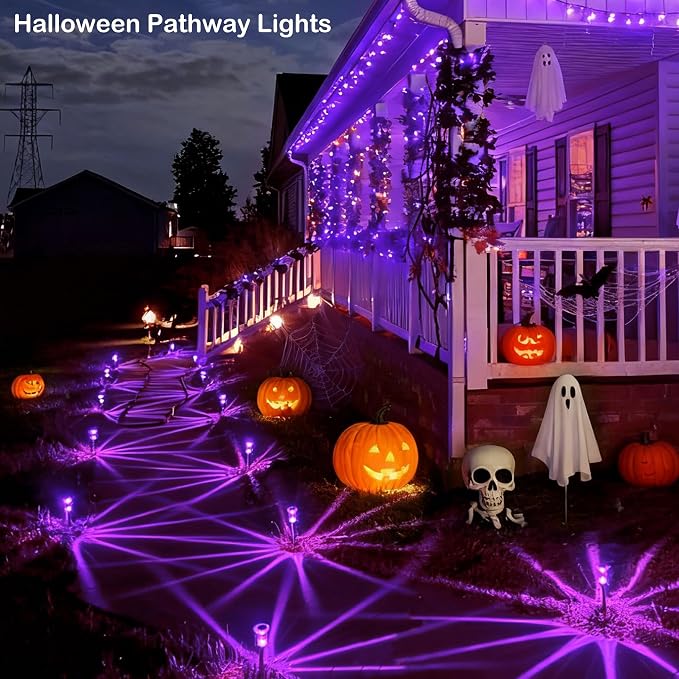 Halloween Solar Lights Outdoor 15 Pack LED Purple Pathway Lights | Waterproof Halloween Decorations Outdoor for Yard Garden Walkway Outside Driveway Landscape Path, Auto On/Off, Spike Pattern