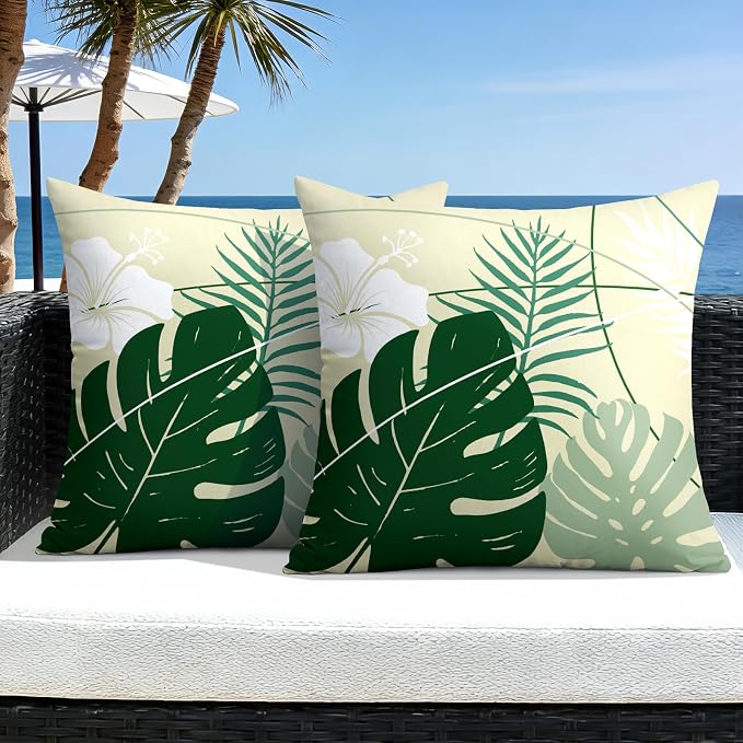 OTOSTAR Outdoor Waterproof Throw Pillow Covers 16x16 Inch Set of 2 Double-Sided Green Tropical Leaf and Flower Spring Summer Decorative Pillow Cases for Patio Funiture Garden Balcony Couch