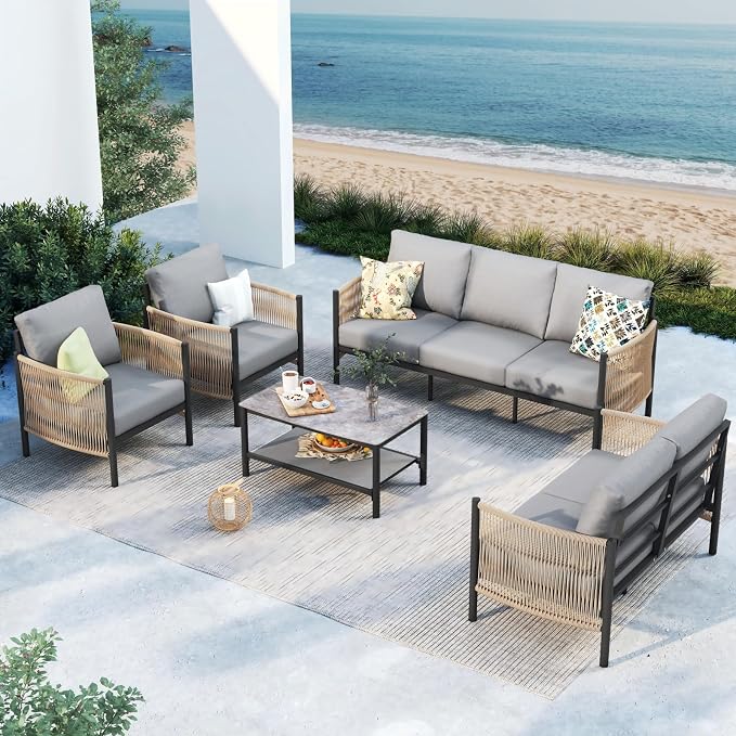 Aluminum Outdoor Patio Furniture Set with Dual-Layer Coffee Table, 5 Piece Modern Patio Conversation Sets with PE Rope, Outdoor Sectional Sofa with Thick Cushions for Balcony, Yard, Gray