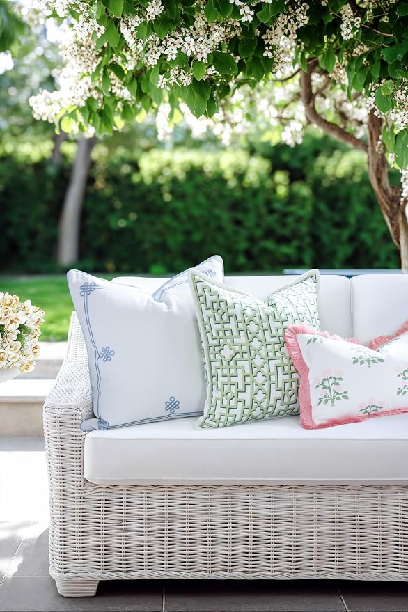 Hofdeco Premium Grandmillennial Coastal Hampton Patio Indoor Outdoor Throw Pillow Cover Only, 22"x22" Water Repellent for Backyard, Couch, Poolside, Baby Blue Embroidered Chinoise Lucky Knots