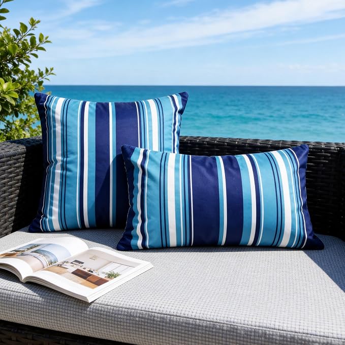 Waterproof Outdoor Pillow Covers 18x18 Inch Set of 2, Dark Blue Stripe Decorative Throw Pillow Cover, Modern Farmhouse Cushion Cases for Spring Summer Patio Garden Porch Balcony Beach Sofa