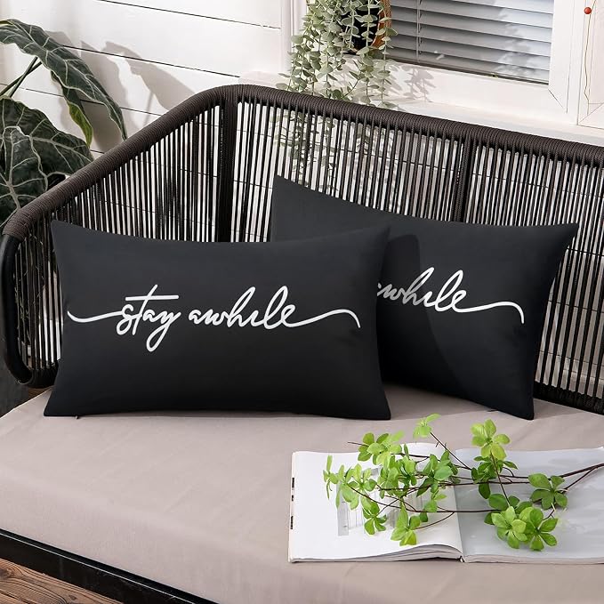 Adabana Outdoor Waterproof Stay awhile Pillow Covers Set of 2 12x20 Inch | Home Decorative Outdoor Pillows Cover for Patio Garden Porch Farmhouse