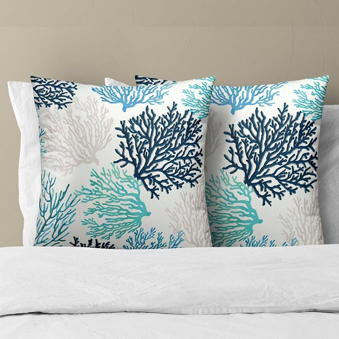 Blue Coral Throw Pillow Case 20x20 Set of 2 - Teal Grey Summer Coastal Patterned Cotton Linen Square Cushion Cover Decorative Pillowcase for Home Office Couch Sofa Chair