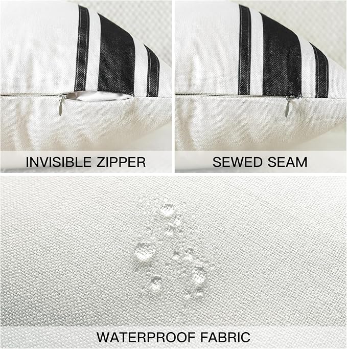 OTOSTAR Pack of 2 Outdoor Waterproof Decorative Pillow Covers 12x20 Inch Linen Geometry Pillowcases Cushion Case Garden Throw Pillow Covers Pillows Shell for Patio Furniture Couch Tent Balcony (Black)